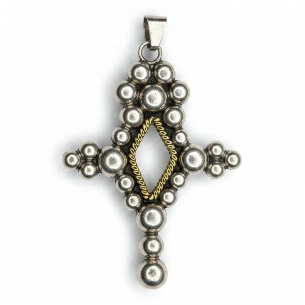 Mexico Pendant 925 Sterling Silver Large Silver Gold Tone Beaded Cross